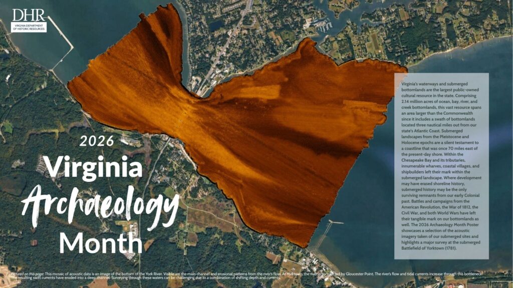 2026 Virginia Archaeology Month poster front showing Virginia waterways and submerged bottomlands